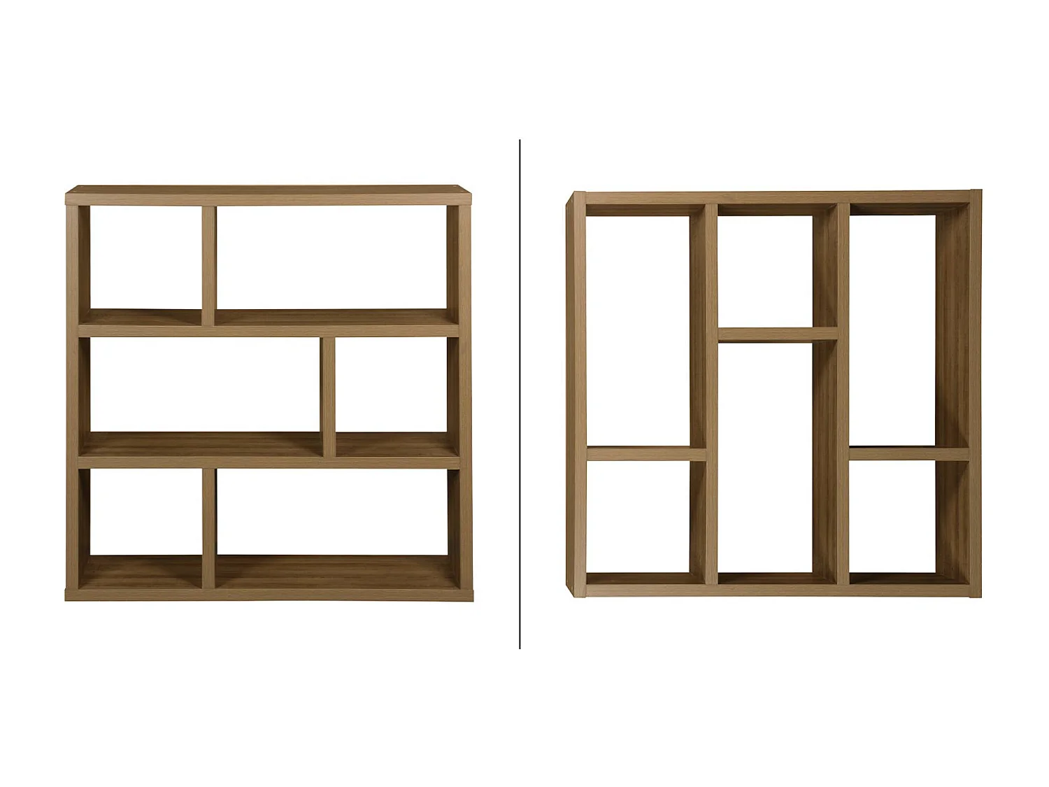 Estantería asimétrica de 3 niveles con 6 compartimentos efecto madera