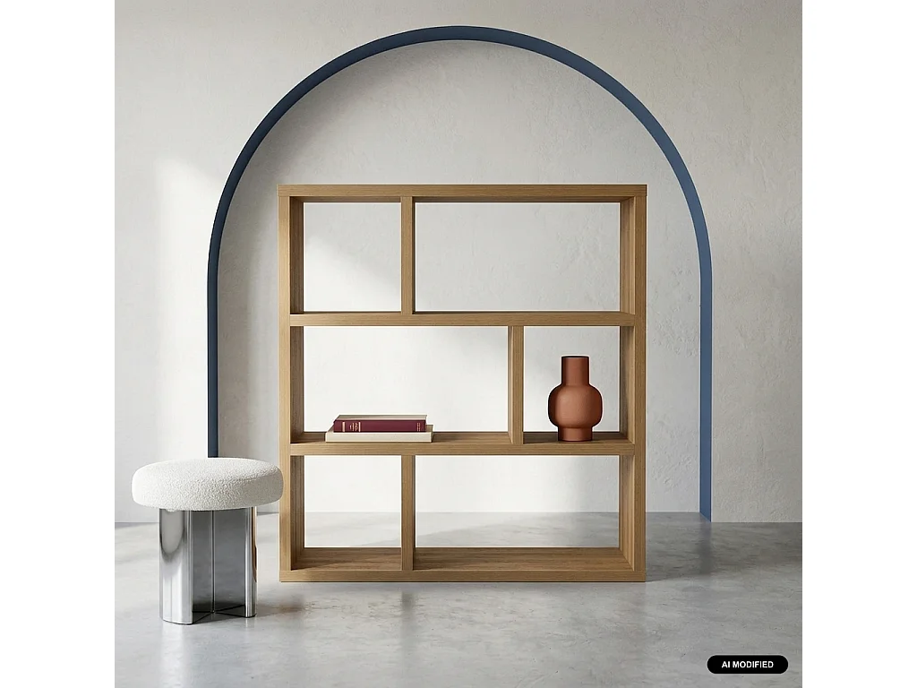 Estantería asimétrica, 3 niveles, 6 compartimentos, Efecto madera miel