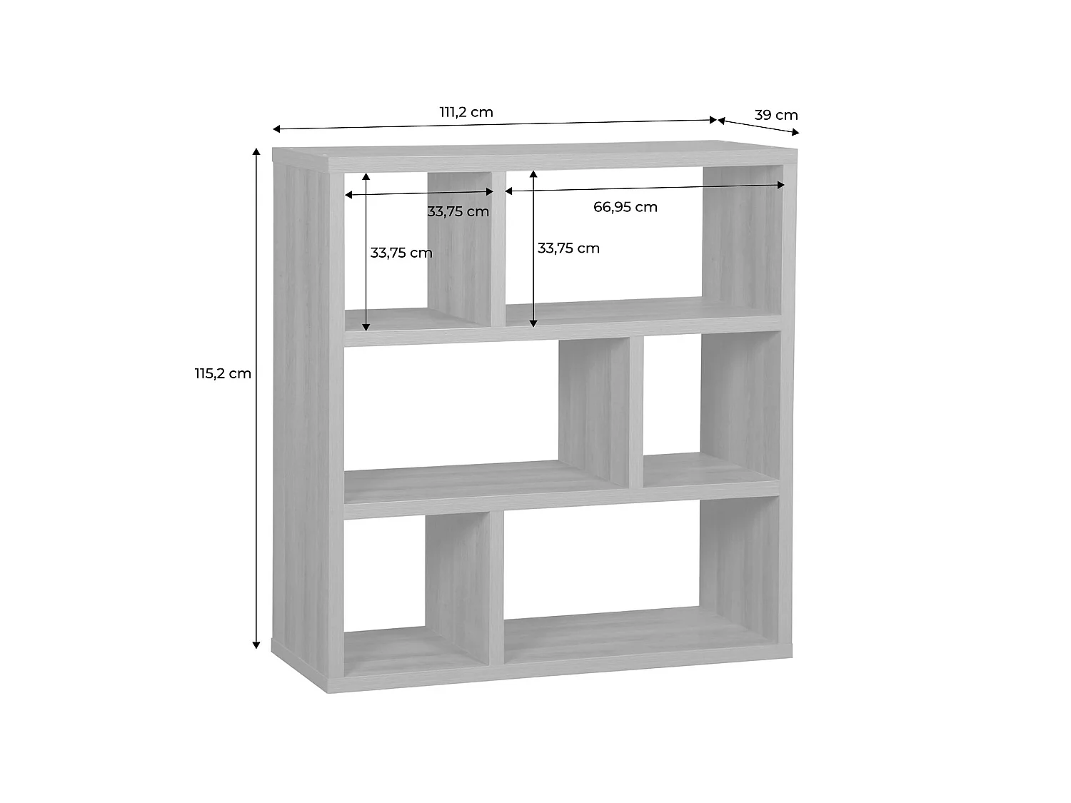 Estantería asimétrica, 3 niveles, 6 compartimentos, Efecto madera miel