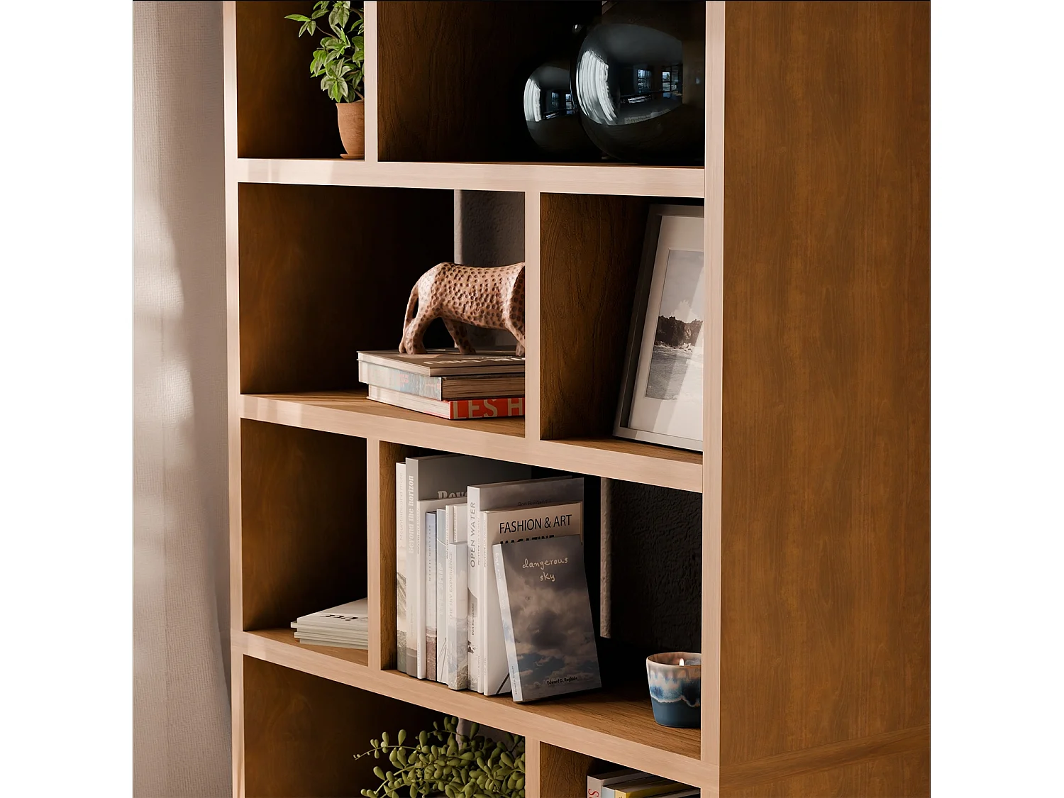 Etagère bibliothèque asymétrique 5 niveaux 10 compartiments. casiers. effet bois de manguier. L 111.2 x P 39 x H 190cm