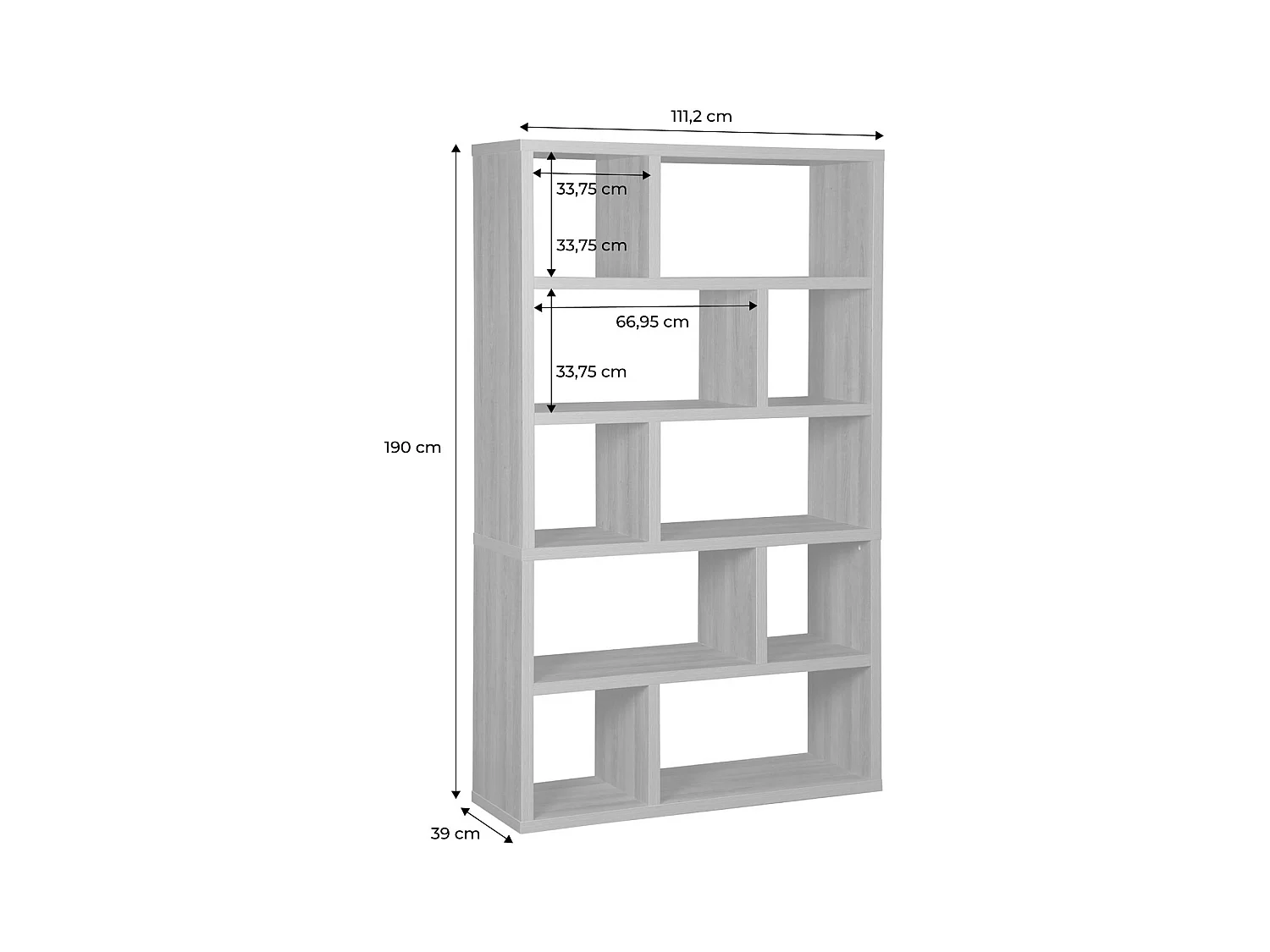 Etagère bibliothèque asymétrique 5 niveaux 10 compartiments. casiers. effet bois de manguier. L 111.2 x P 39 x H 190cm