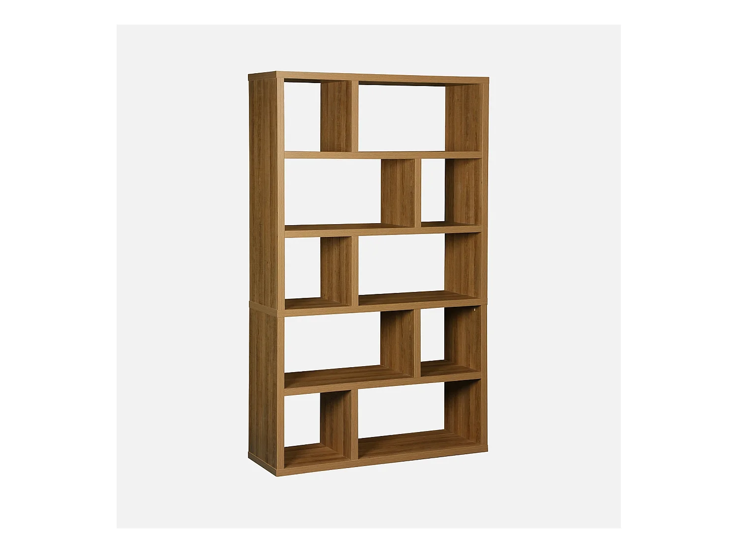 Etagère bibliothèque asymétrique 5 niveaux 10 compartiments. casiers. effet bois de manguier. L 111.2 x P 39 x H 190cm