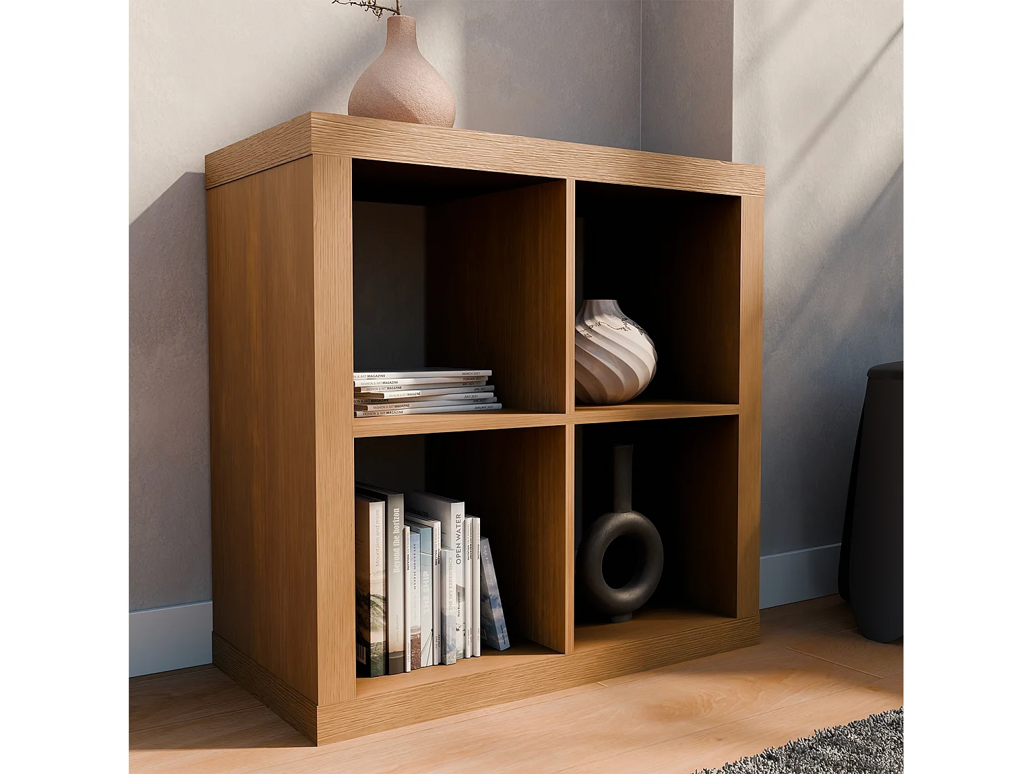 Libreria cubica, 2 livelli, 4 vani, albero di mango