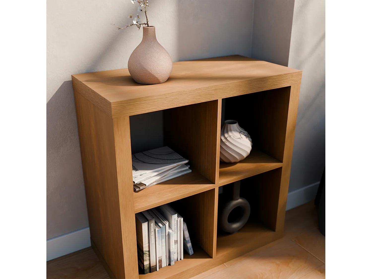 Libreria cubica, 2 livelli, 4 vani, albero di mango