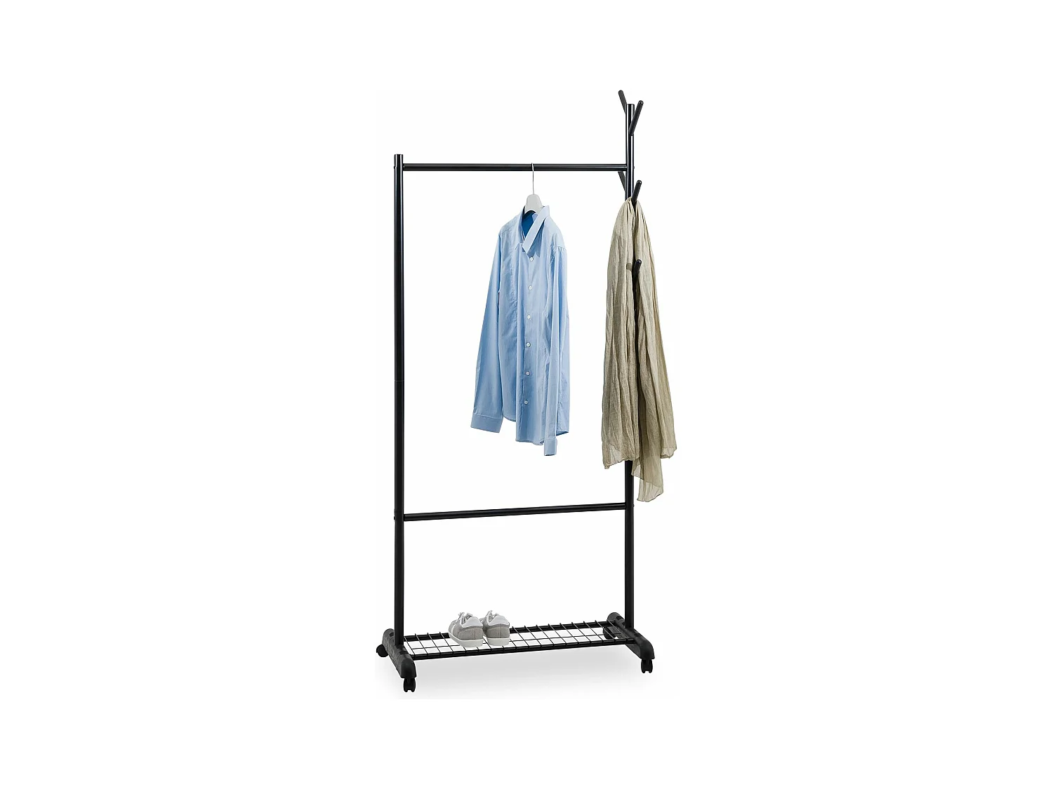 Penderie mobile AURIGO avec portemanteau, portant à vêtements sur roulettes, avec étagère à chaussures, en métal laqué noir
