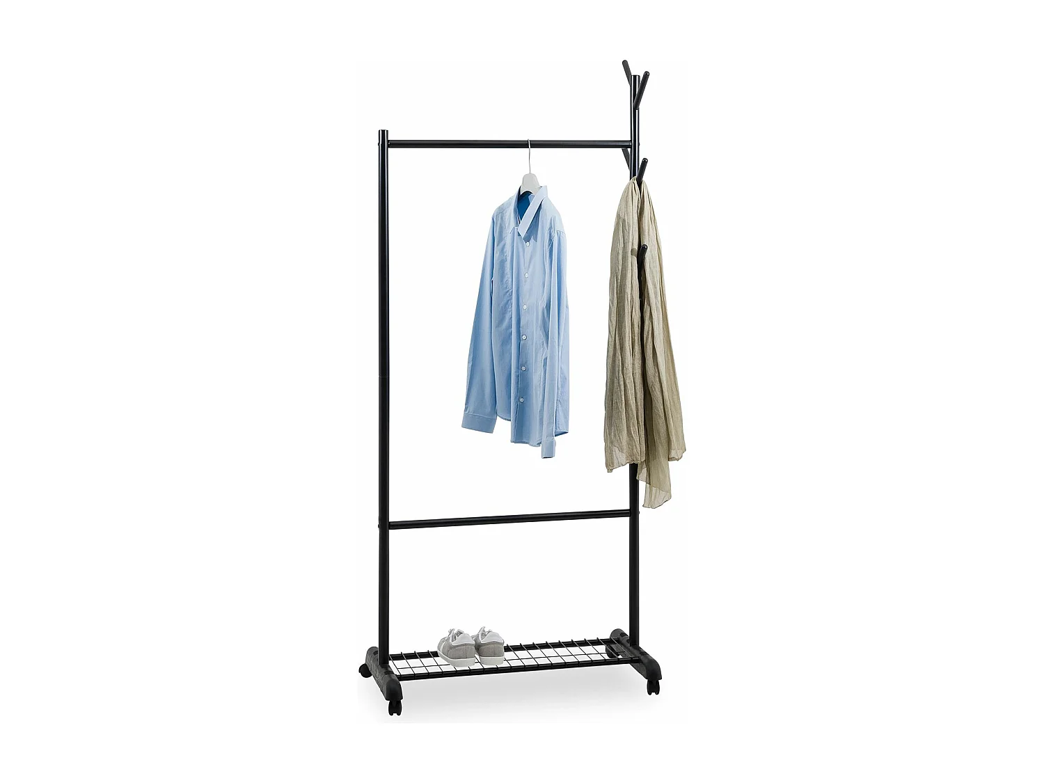 Penderie mobile AURIGO avec portemanteau, portant à vêtements sur roulettes, avec étagère à chaussures, en métal laqué noir