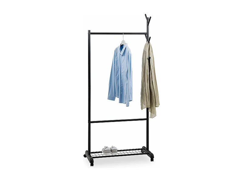 Penderie mobile AURIGO avec portemanteau, portant à vêtements sur roulettes, avec étagère à chaussures, en métal laqué noir