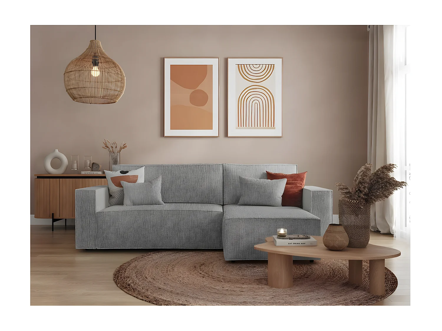 Canapé d'angle 3 places convertible réversible Clarisse avec coffre en tissu texturé - Gris clair - L269 x P159 x H89cm - Loungitude