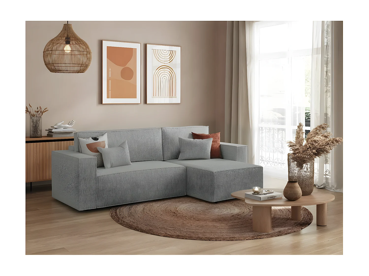 Canapé d'angle 3 places convertible réversible Clarisse avec coffre en tissu texturé - Gris clair - L269 x P159 x H89cm - Loungitude
