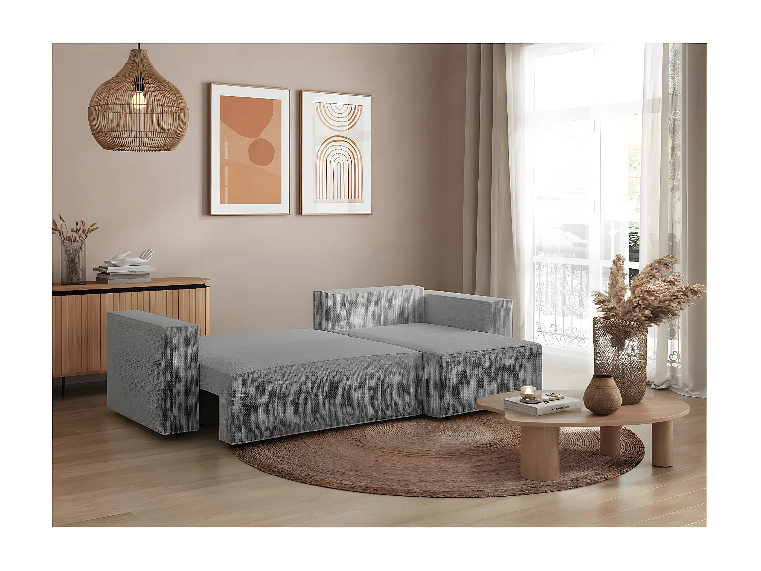 Canapé d'angle 3 places convertible réversible Clarisse avec coffre en tissu texturé - Gris clair - L269 x P159 x H89cm - Loungitude