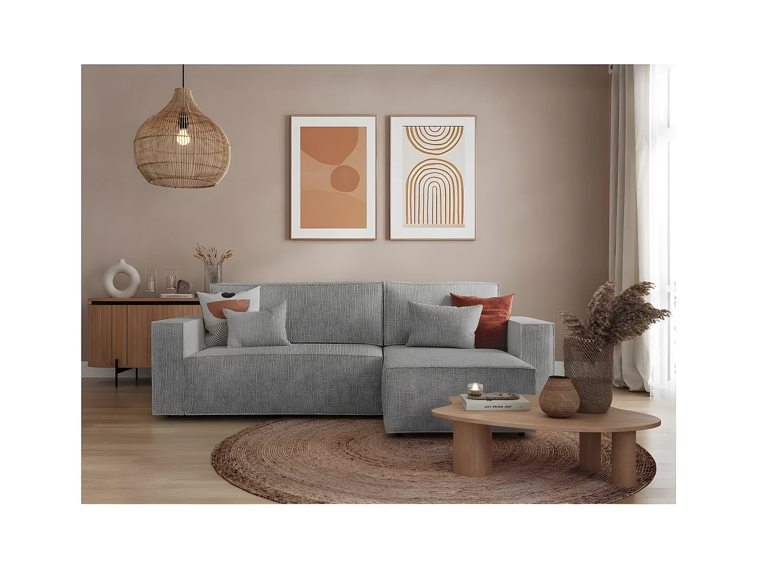 Canapé d'angle 3 places convertible réversible Clarisse avec coffre en tissu texturé - Gris clair - L269 x P159 x H89cm - Loungitude