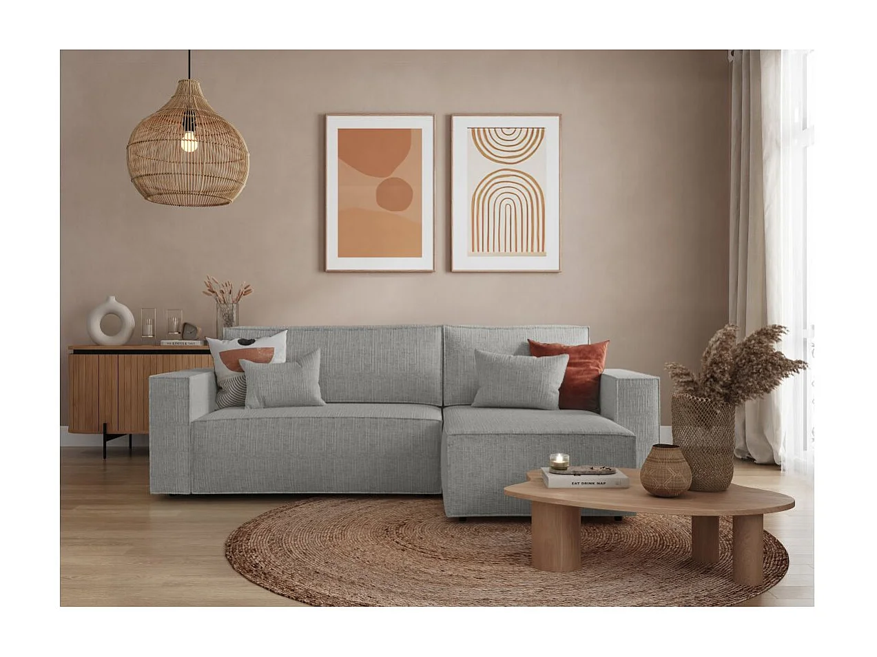 Canapé d'angle 3 places convertible réversible Clarisse avec coffre en tissu texturé - Gris clair - L269 x P159 x H89cm - Loungitude