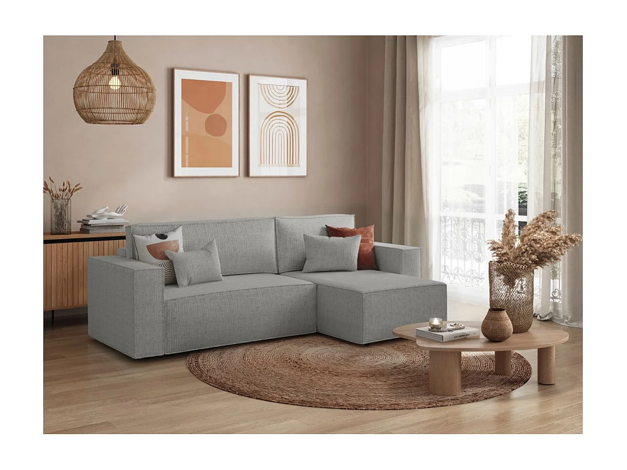 Canapé d'angle 3 places convertible réversible Clarisse avec coffre en tissu texturé - Gris clair - L269 x P159 x H89cm - Loungitude