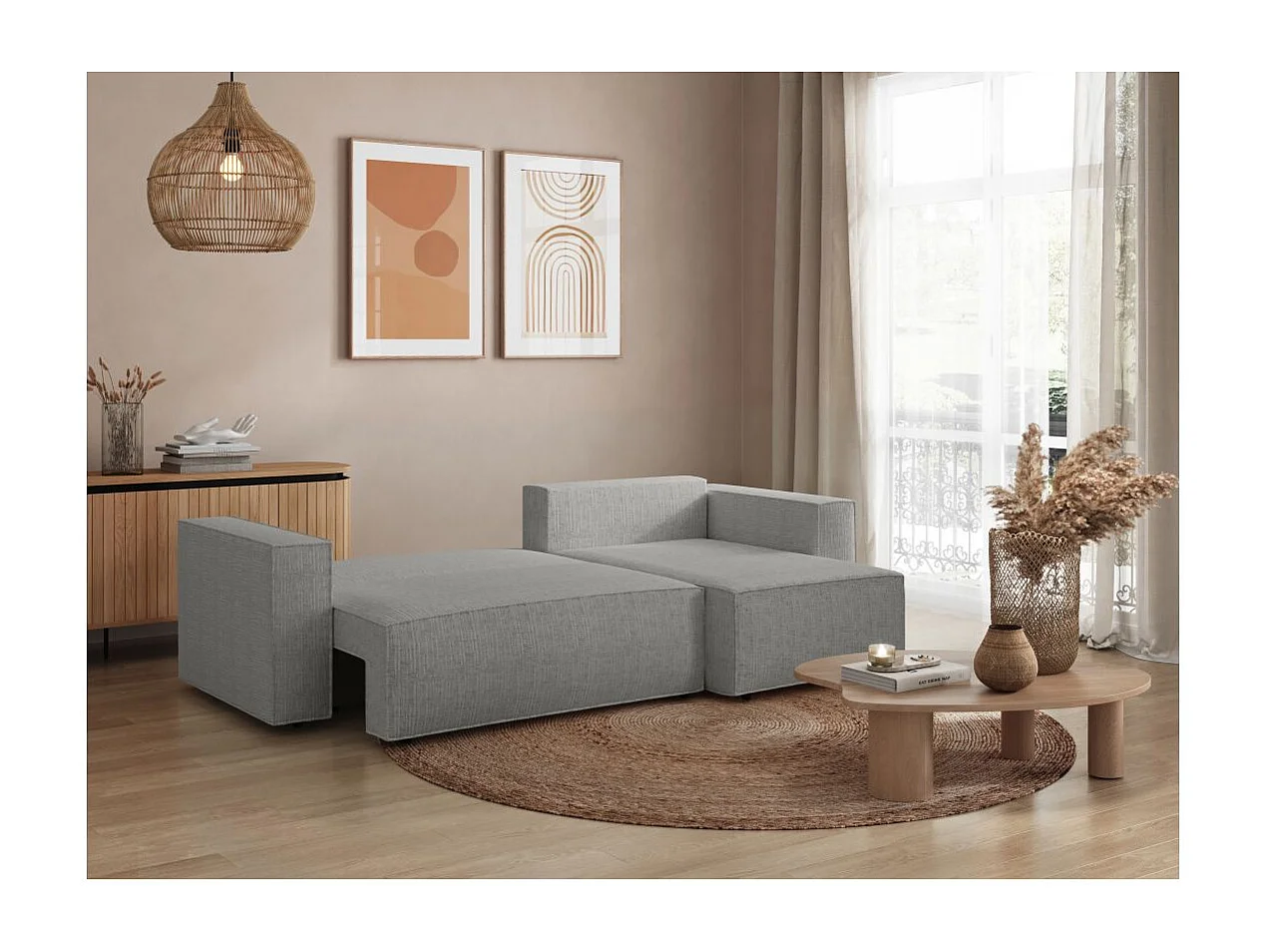 Canapé d'angle 3 places convertible réversible Clarisse avec coffre en tissu texturé - Gris clair - L269 x P159 x H89cm - Loungitude