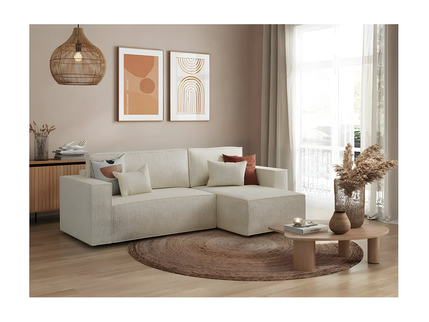 Canapé d'angle 3 places convertible réversible Clarisse avec coffre en tissu texturé - Beige - L269 x P159 x H89cm - Loungitude