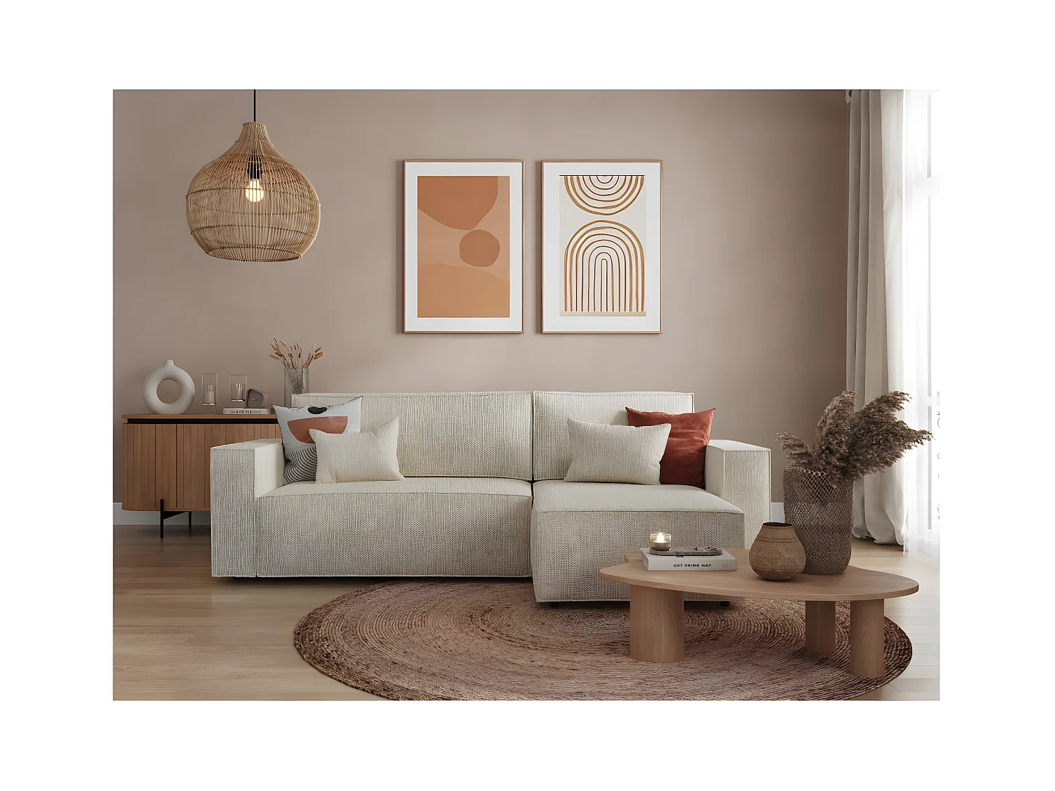 Canapé d'angle 3 places convertible réversible Clarisse avec coffre en tissu texturé - Beige - L269 x P159 x H89cm - Loungitude
