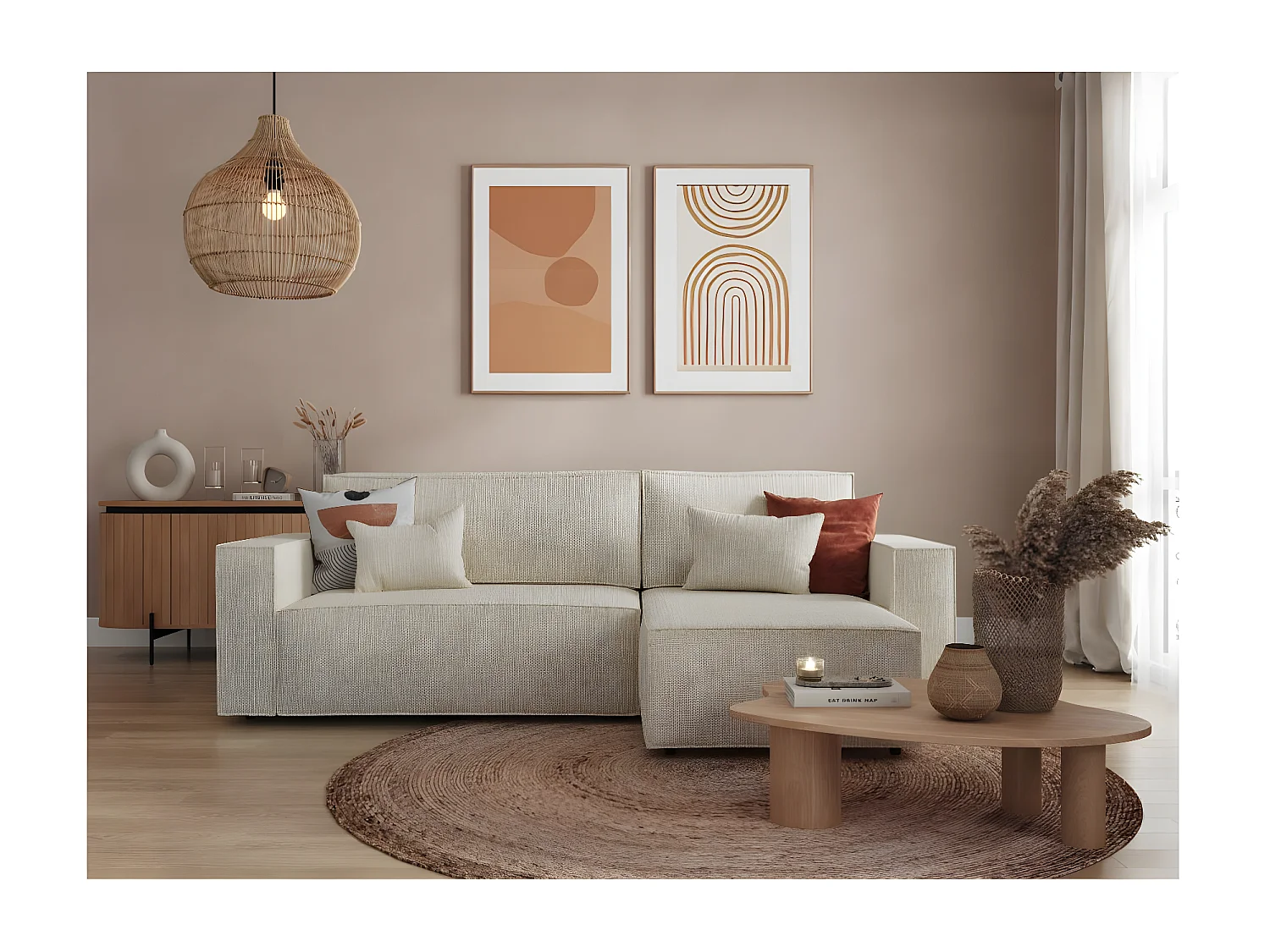 Canapé d'angle 3 places convertible réversible Clarisse avec coffre en tissu texturé - Beige - L269 x P159 x H89cm - Loungitude
