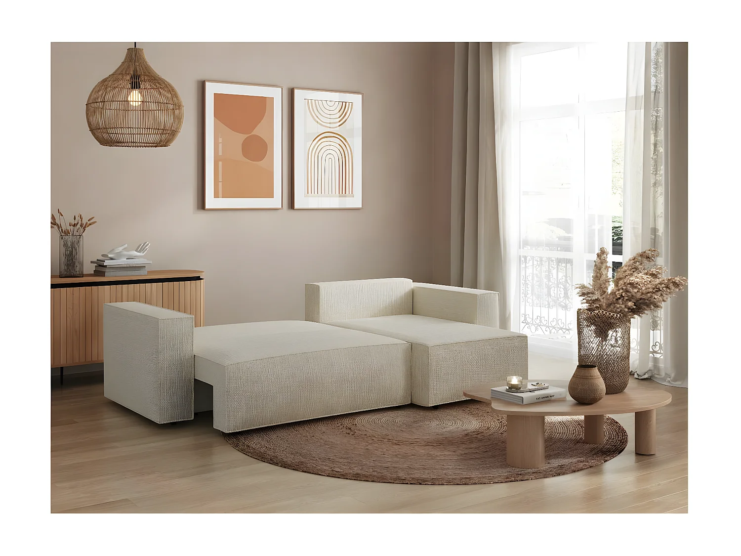 Canapé d'angle 3 places convertible réversible Clarisse avec coffre en tissu texturé - Beige - L269 x P159 x H89cm - Loungitude