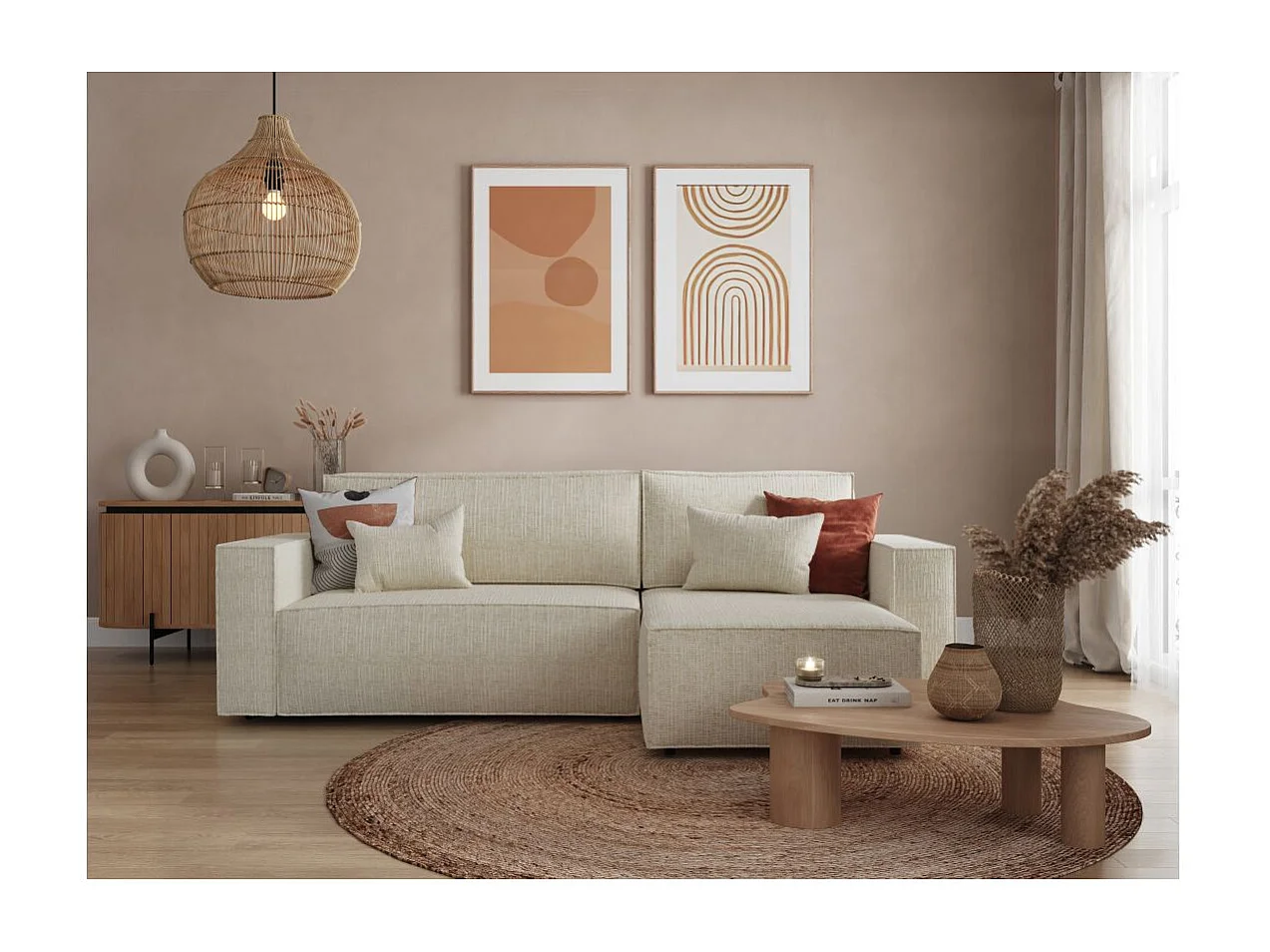 Canapé d'angle 3 places convertible réversible Clarisse avec coffre en tissu texturé - Beige - L269 x P159 x H89cm - Loungitude
