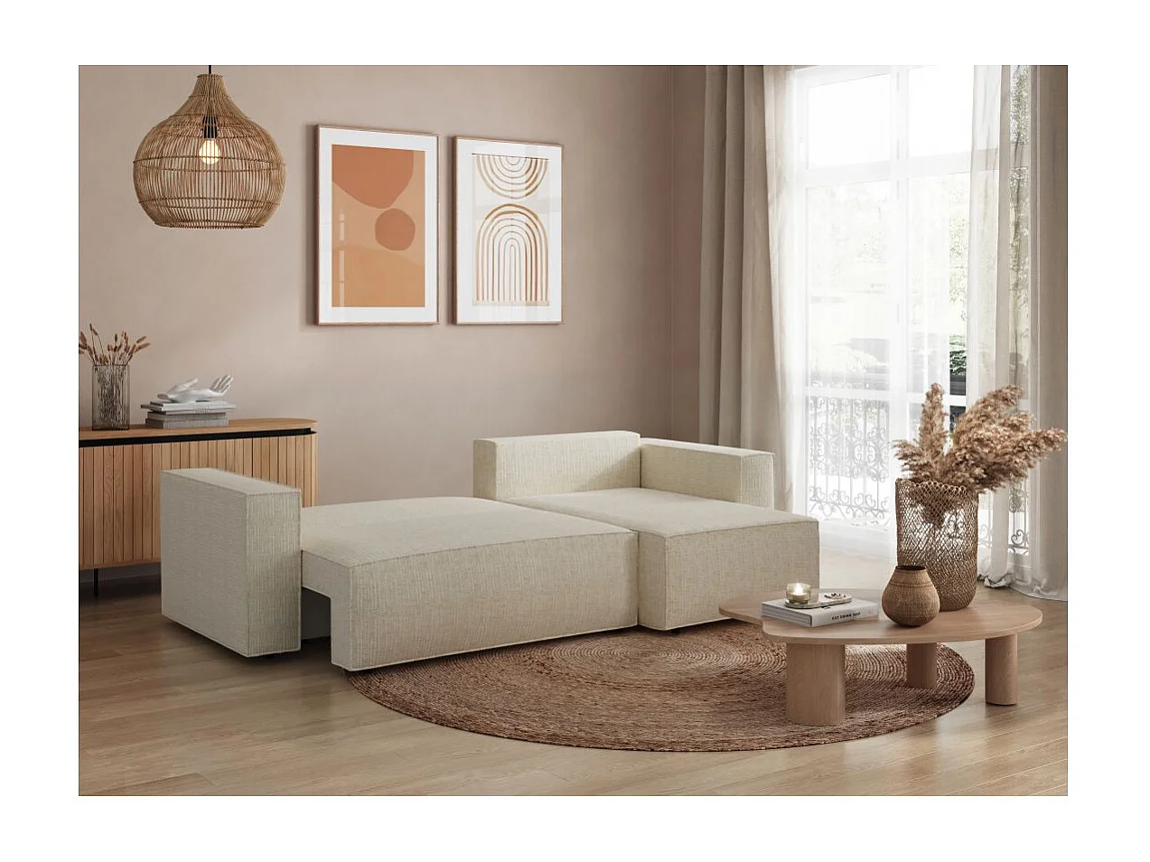 Canapé d'angle 3 places convertible réversible Clarisse avec coffre en tissu texturé - Beige - L269 x P159 x H89cm - Loungitude