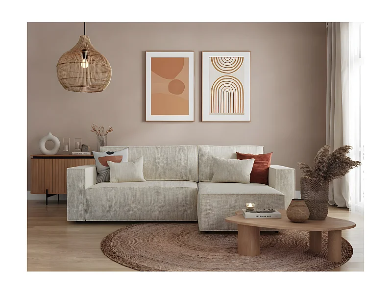Canapé d'angle 3 places convertible réversible Clarisse avec coffre en tissu texturé - Beige - L269 x P159 x H89cm - Loungitude