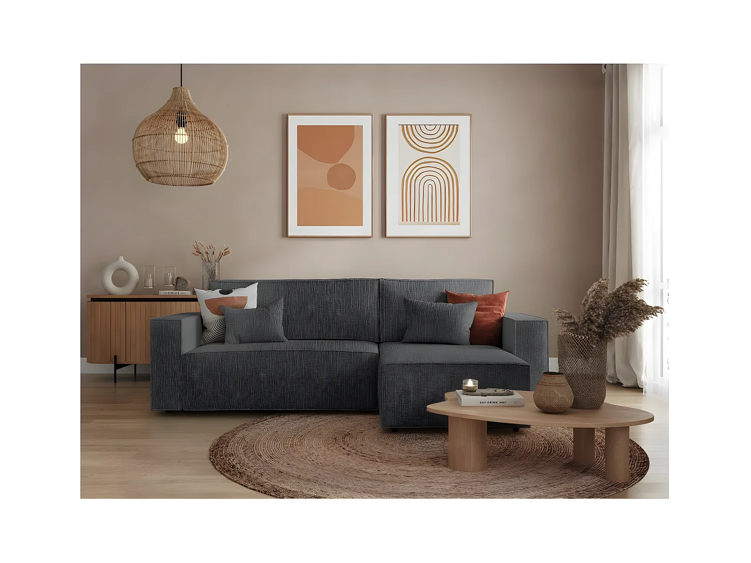 Canapé d'angle 3 places convertible réversible Clarisse avec coffre en tissu texturé - Gris anthracite - L269 x P159 x H89cm - Loungitude