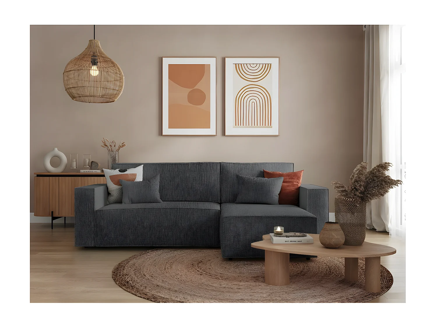 Canapé d'angle 3 places convertible réversible Clarisse avec coffre en tissu texturé - Gris anthracite - L269 x P159 x H89cm - Loungitude