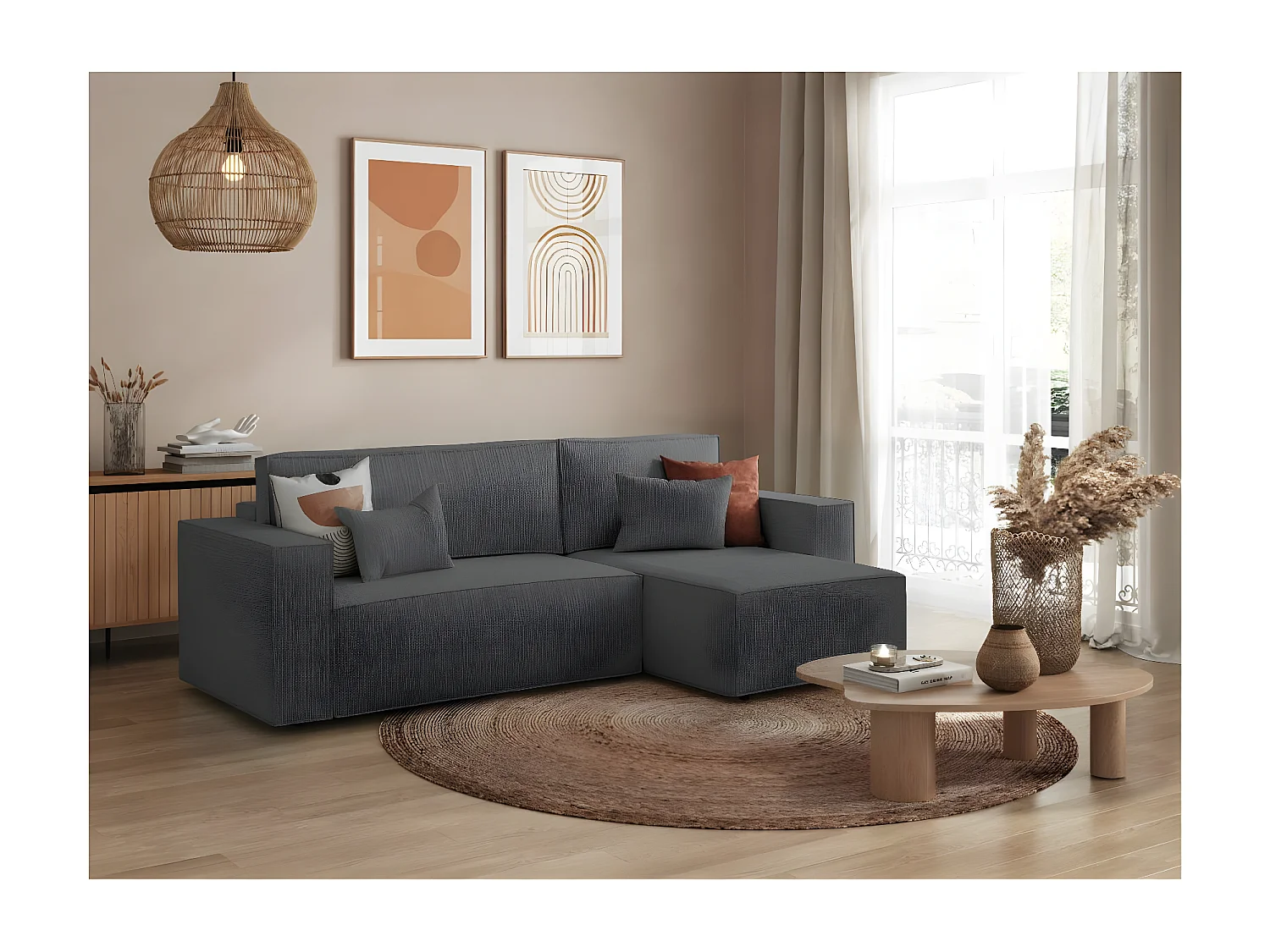Canapé d'angle 3 places convertible réversible Clarisse avec coffre en tissu texturé - Gris anthracite - L269 x P159 x H89cm - Loungitude