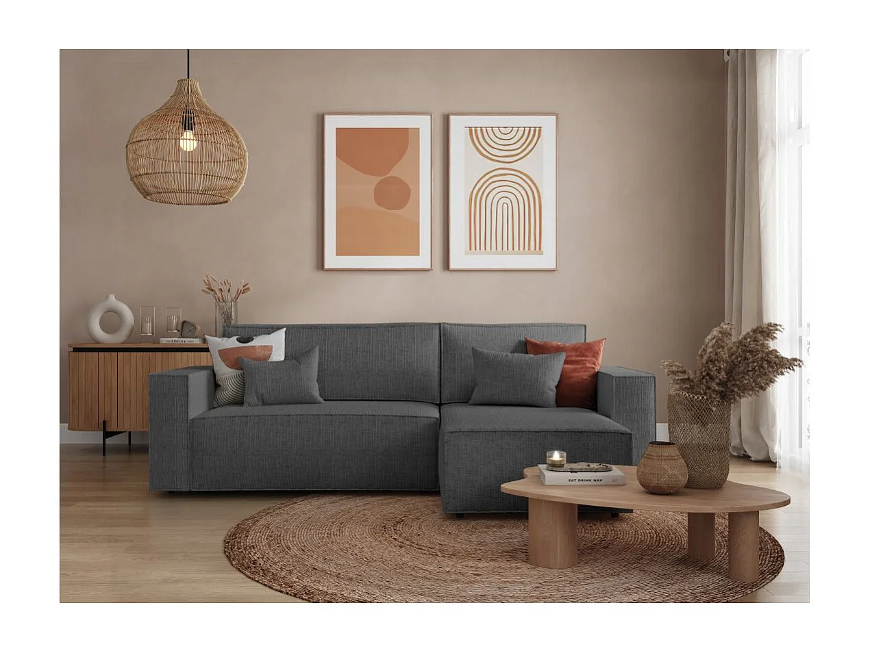 Canapé d'angle 3 places convertible réversible Clarisse avec coffre en tissu texturé - Gris anthracite - L269 x P159 x H89cm - Loungitude