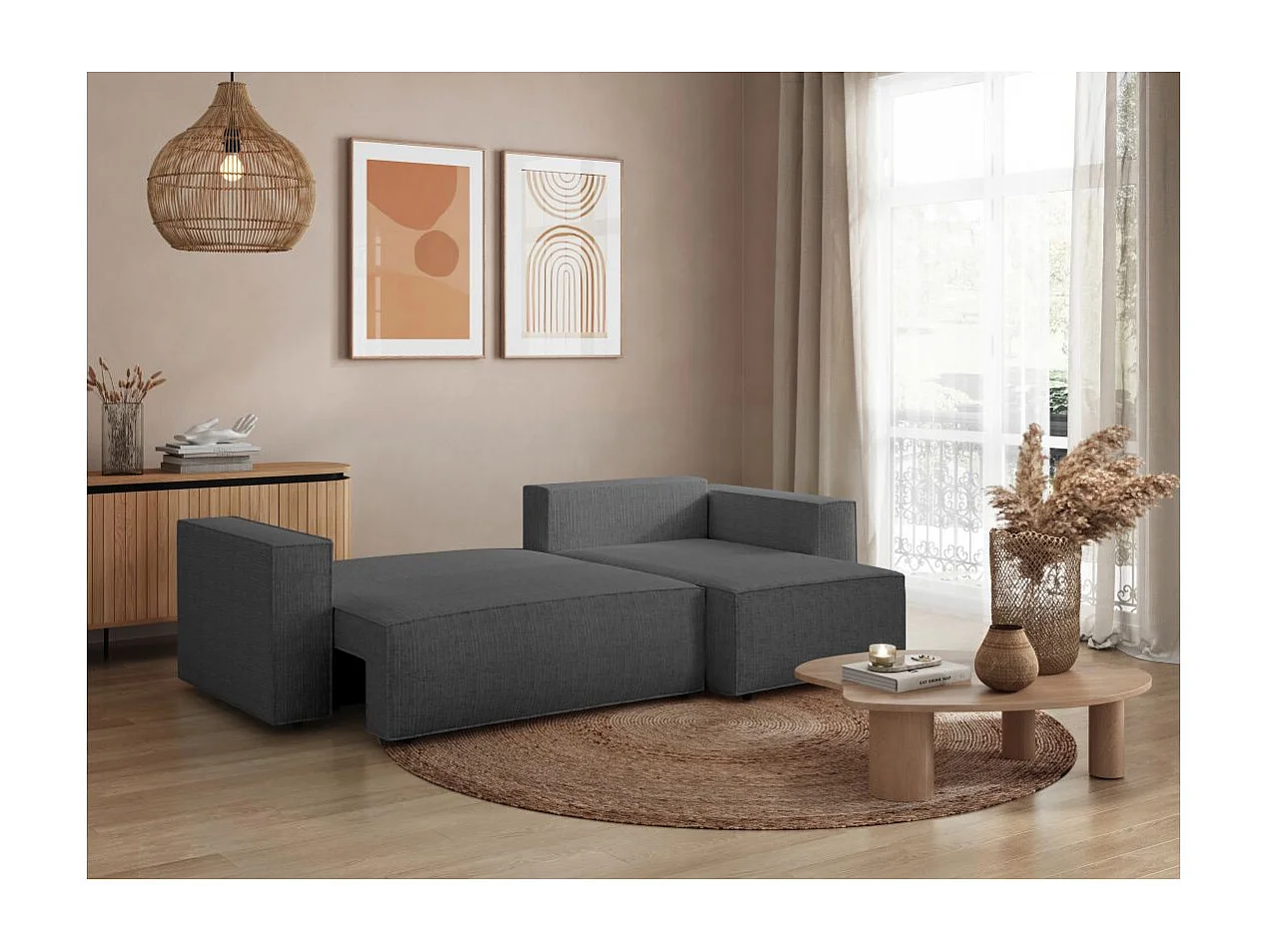 Canapé d'angle 3 places convertible réversible Clarisse avec coffre en tissu texturé - Gris anthracite - L269 x P159 x H89cm - Loungitude
