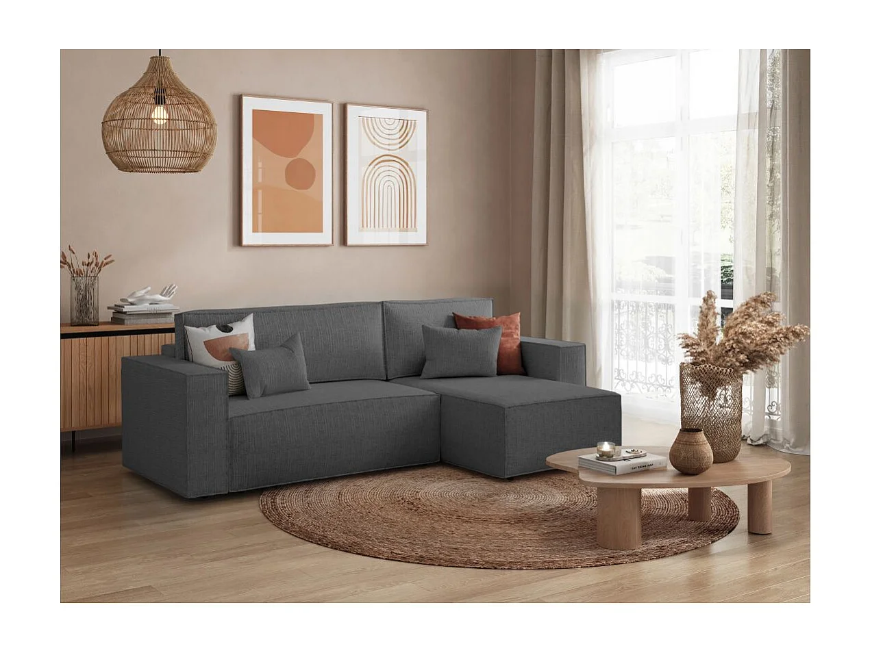 Canapé d'angle 3 places convertible réversible Clarisse avec coffre en tissu texturé - Gris anthracite - L269 x P159 x H89cm - Loungitude
