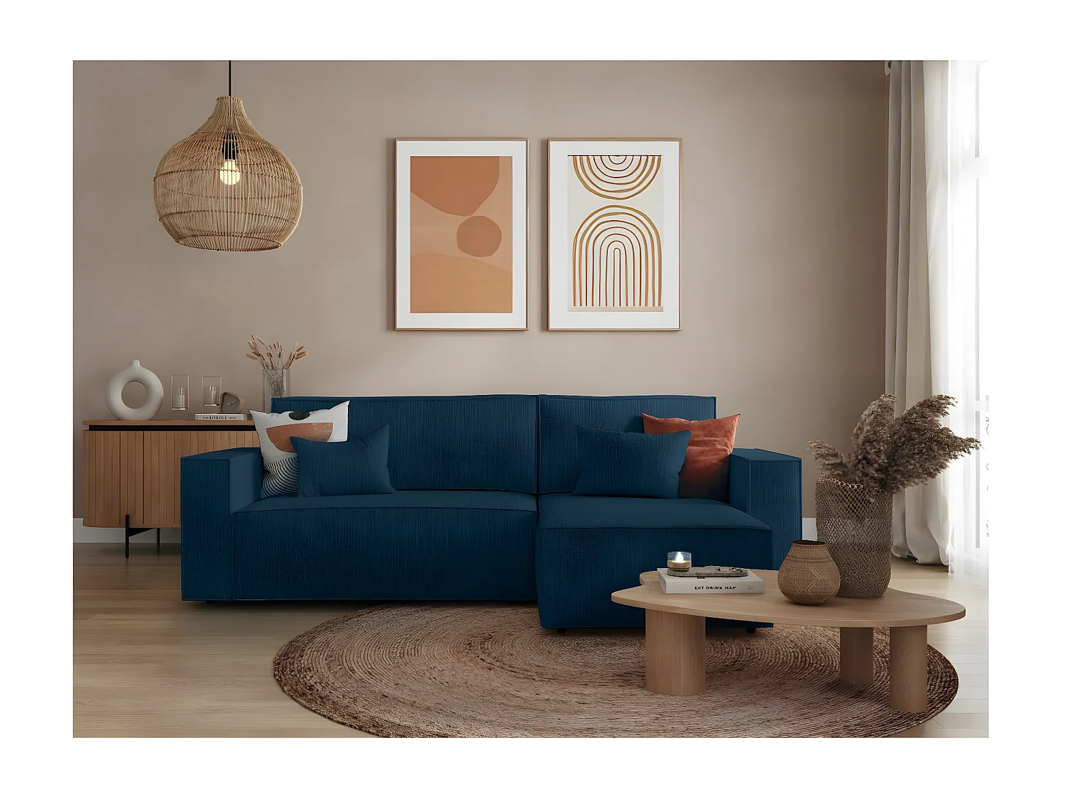 Canapé d'angle 3 places convertible réversible Clarisse avec coffre en tissu texturé - Bleu foncé - L269 x P159 x H89cm - Loungitude