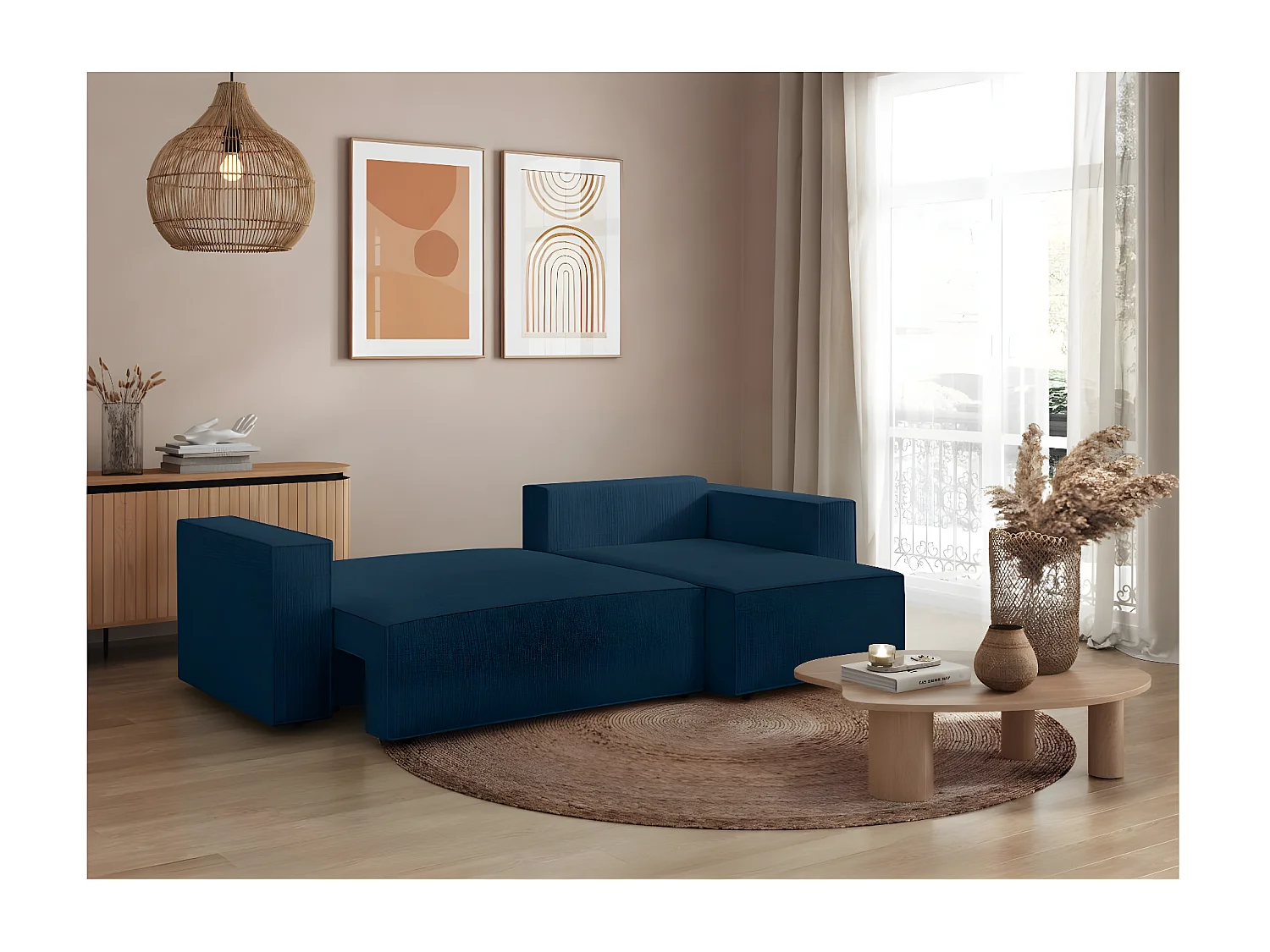 Canapé d'angle 3 places convertible réversible Clarisse avec coffre en tissu texturé - Bleu foncé - L269 x P159 x H89cm - Loungitude