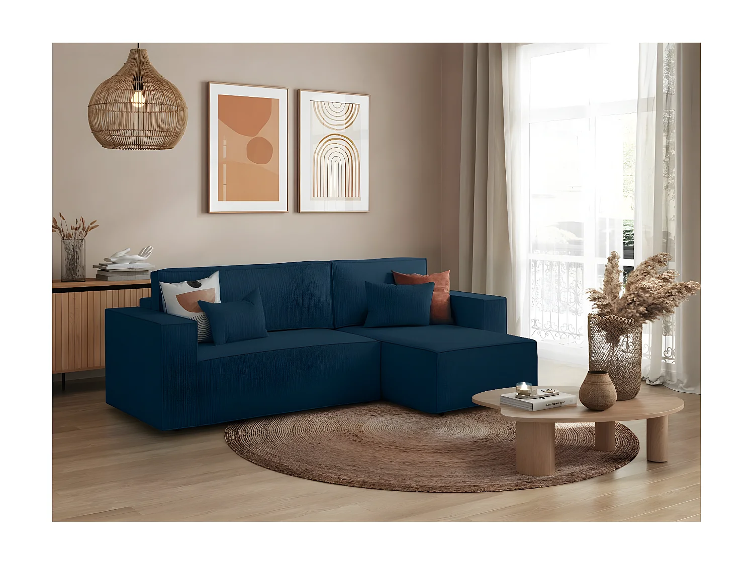 Canapé d'angle 3 places convertible réversible Clarisse avec coffre en tissu texturé - Bleu foncé - L269 x P159 x H89cm - Loungitude
