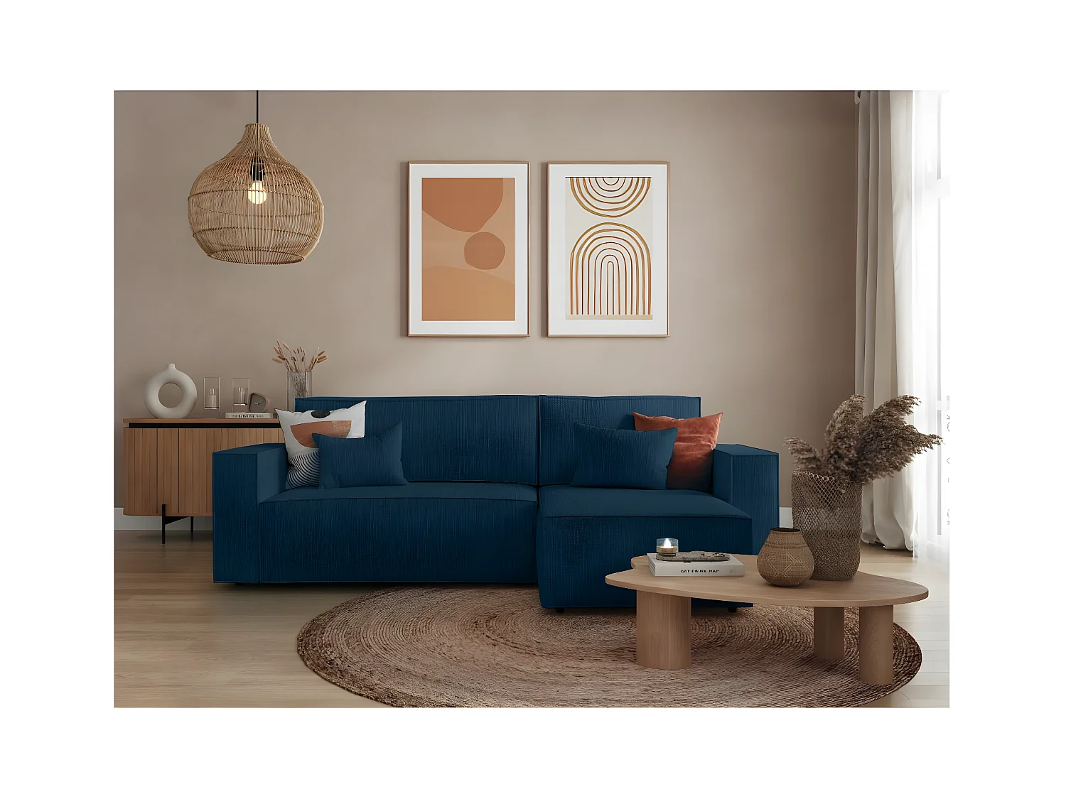 Canapé d'angle 3 places convertible réversible Clarisse avec coffre en tissu texturé - Bleu foncé - L269 x P159 x H89cm - Loungitude