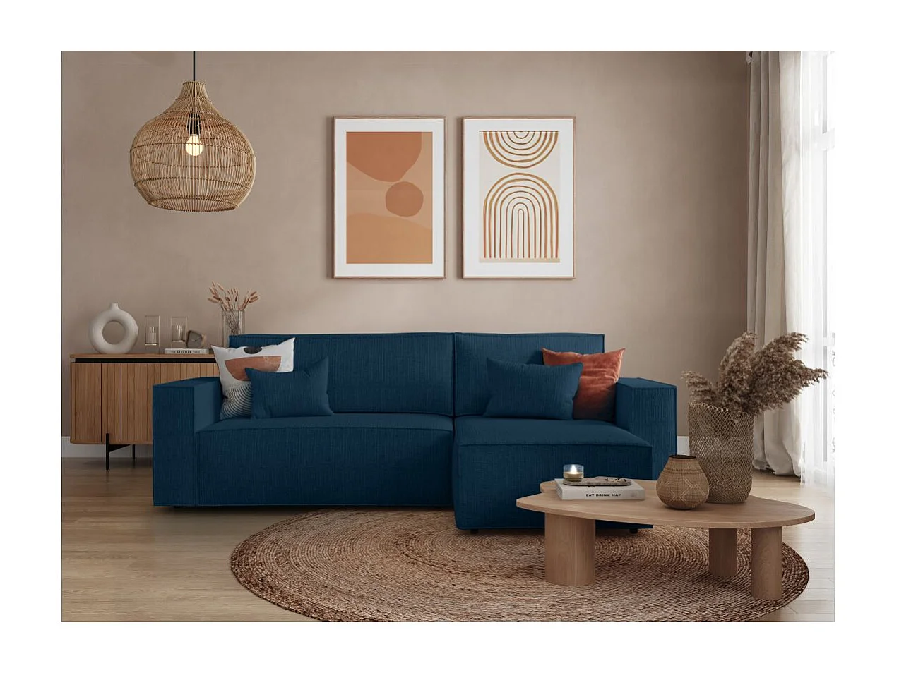 Canapé d'angle 3 places convertible réversible Clarisse avec coffre en tissu texturé - Bleu foncé - L269 x P159 x H89cm - Loungitude