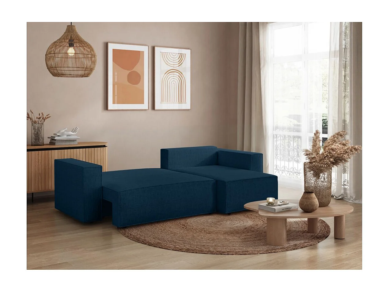 Canapé d'angle 3 places convertible réversible Clarisse avec coffre en tissu texturé - Bleu foncé - L269 x P159 x H89cm - Loungitude