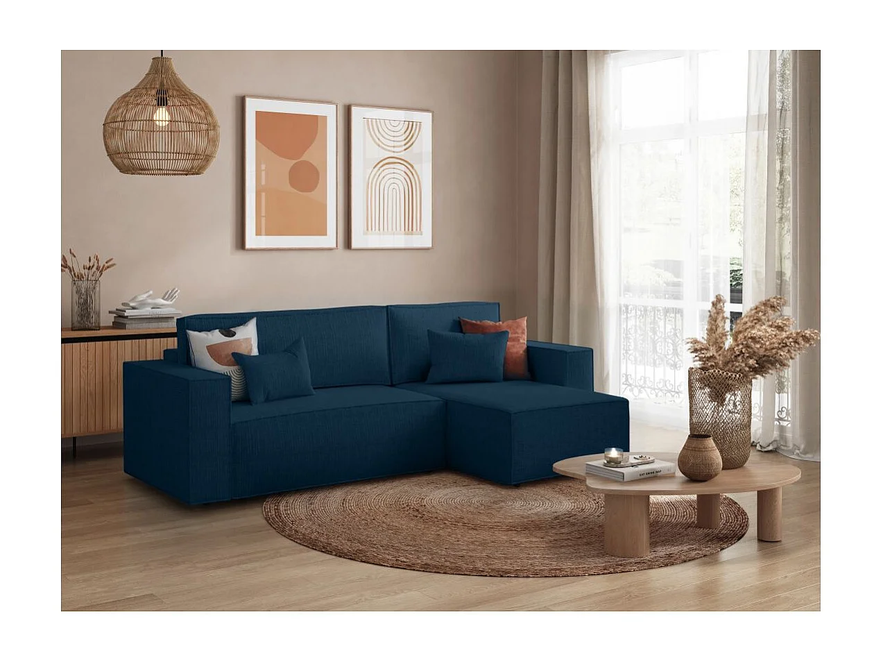 Canapé d'angle 3 places convertible réversible Clarisse avec coffre en tissu texturé - Bleu foncé - L269 x P159 x H89cm - Loungitude