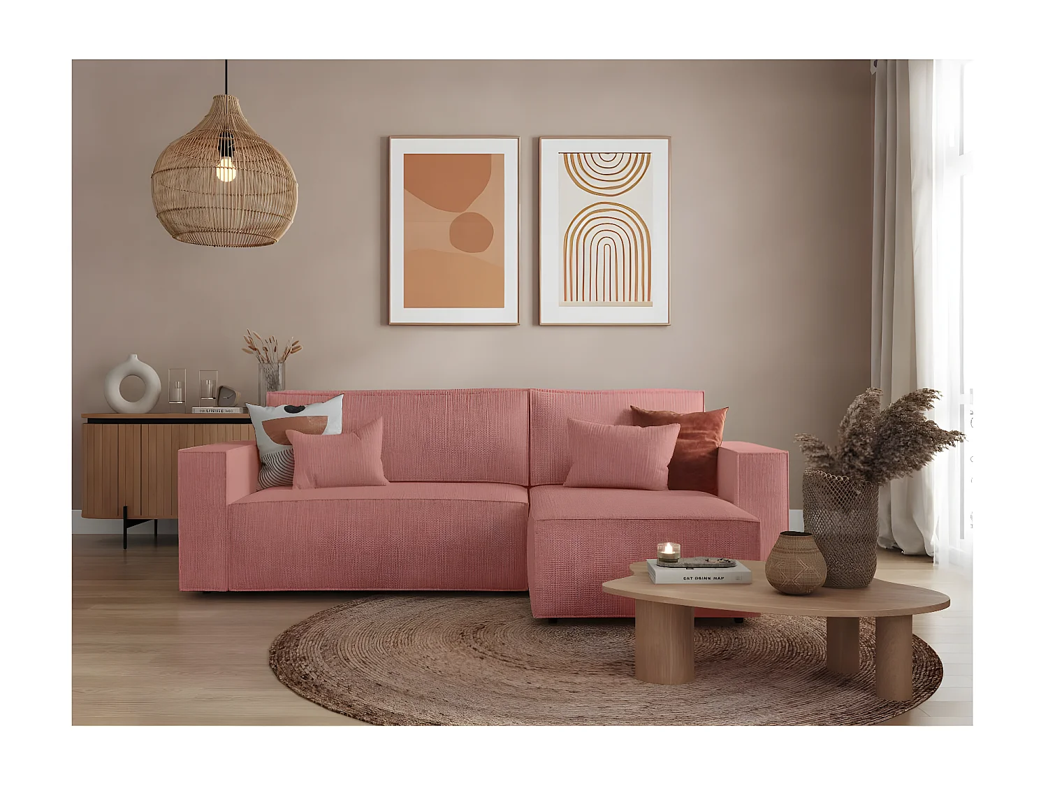 Canapé d'angle 3 places convertible réversible Clarisse avec coffre en tissu texturé - Rose - L269 x P159 x H89cm - Loungitude