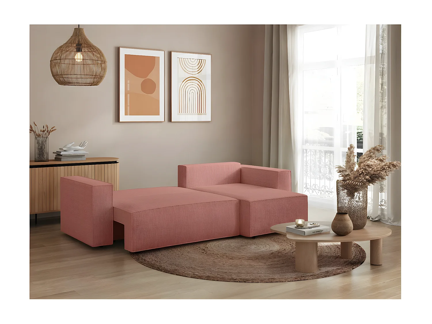 Canapé d'angle 3 places convertible réversible Clarisse avec coffre en tissu texturé - Rose - L269 x P159 x H89cm - Loungitude