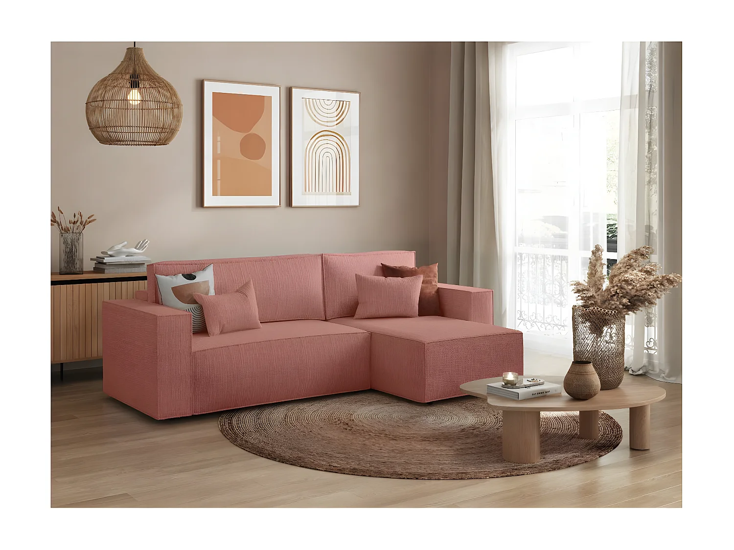 Canapé d'angle 3 places convertible réversible Clarisse avec coffre en tissu texturé - Rose - L269 x P159 x H89cm - Loungitude