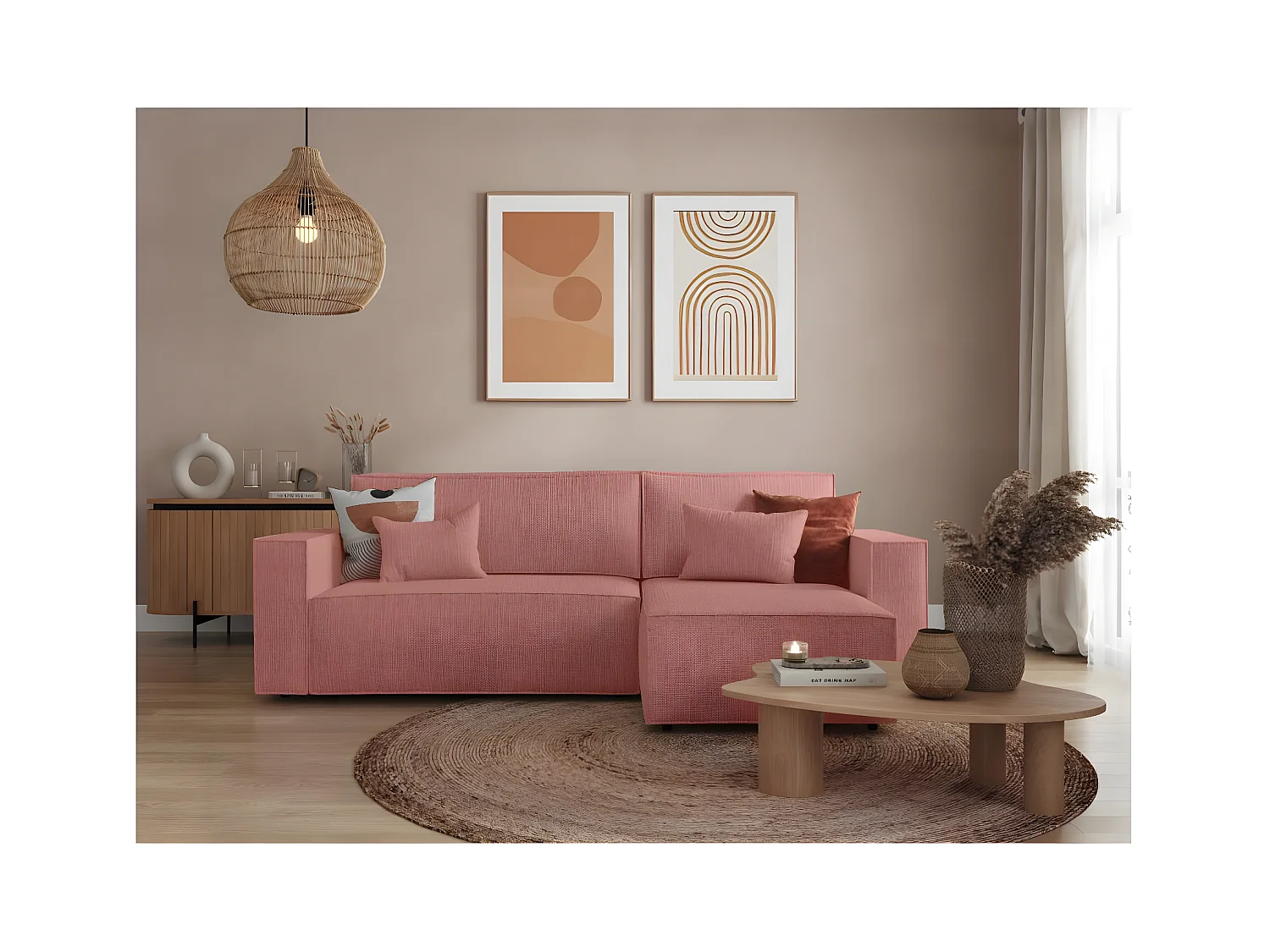 Canapé d'angle 3 places convertible réversible Clarisse avec coffre en tissu texturé - Rose - L269 x P159 x H89cm - Loungitude