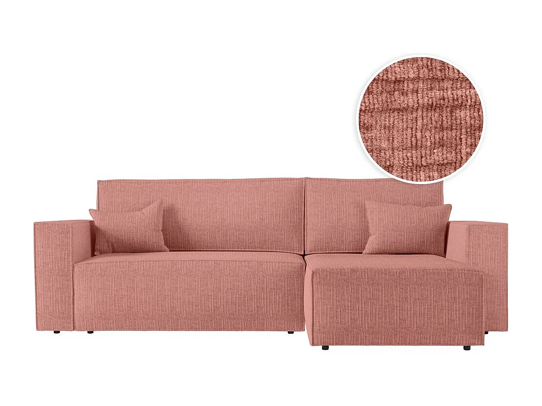Canapé d'angle 3 places convertible réversible Clarisse avec coffre en tissu texturé - Rose - L269 x P159 x H89cm - Loungitude