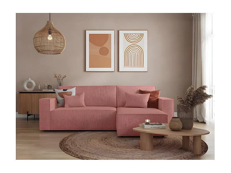 Canapé d'angle 3 places convertible réversible Clarisse avec coffre en tissu texturé - Rose - L269 x P159 x H89cm - Loungitude