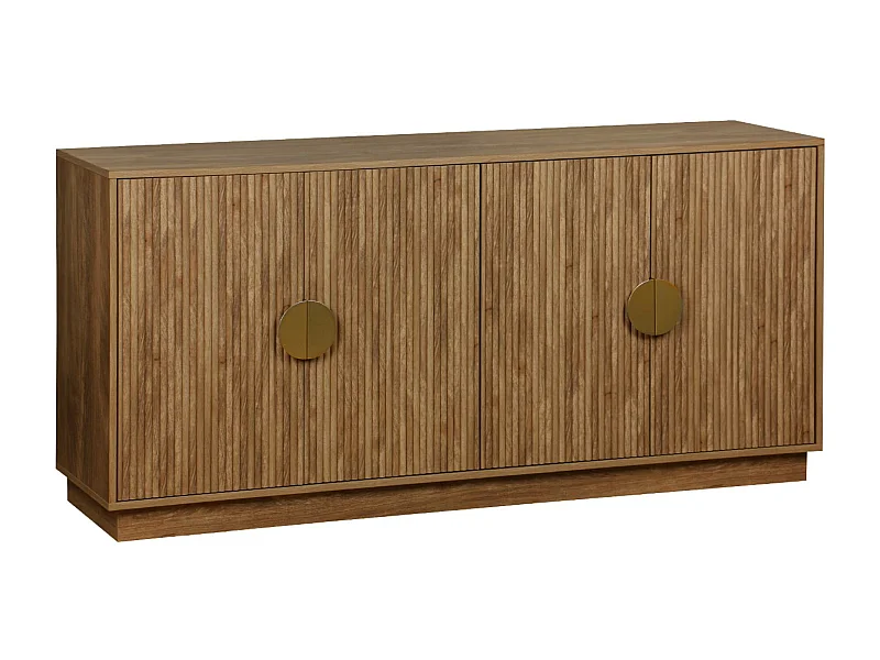 Buffet exotique 4 portes. décor bois de manguier rainuré. buffet bas. poignées en métal doré. L 160 x P 40 x H 75cm