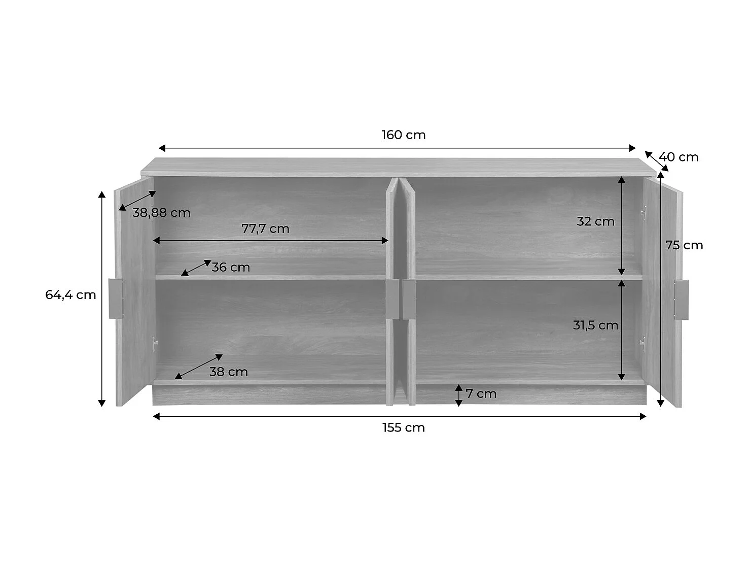 Buffet exotique 4 portes. décor bois de manguier rainuré. buffet bas. poignées en métal doré. L 160 x P 40 x H 75cm
