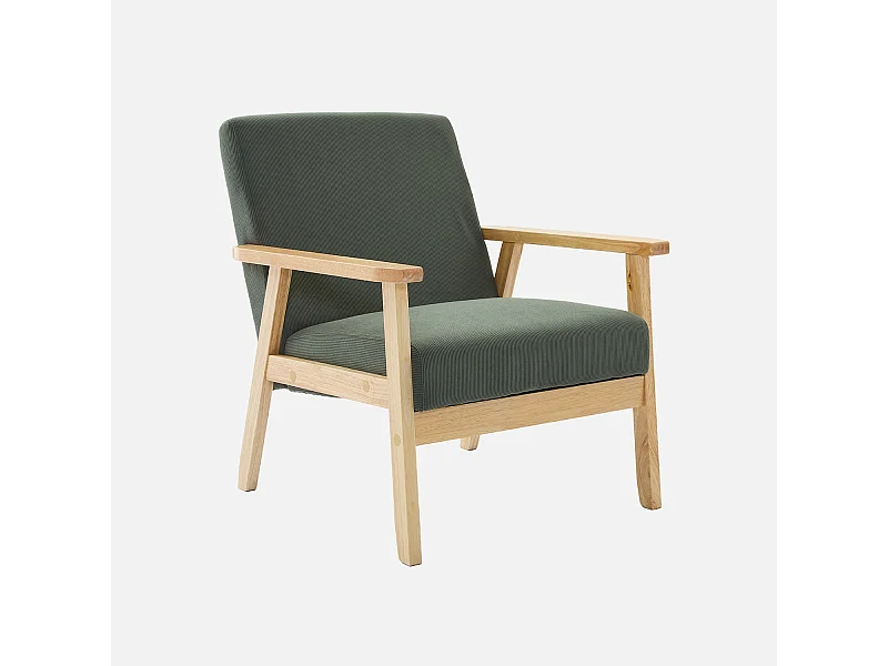 Fauteuil vintage / scandinave structure en bois et contreplaqué et assise en velours côtelé vert kaki