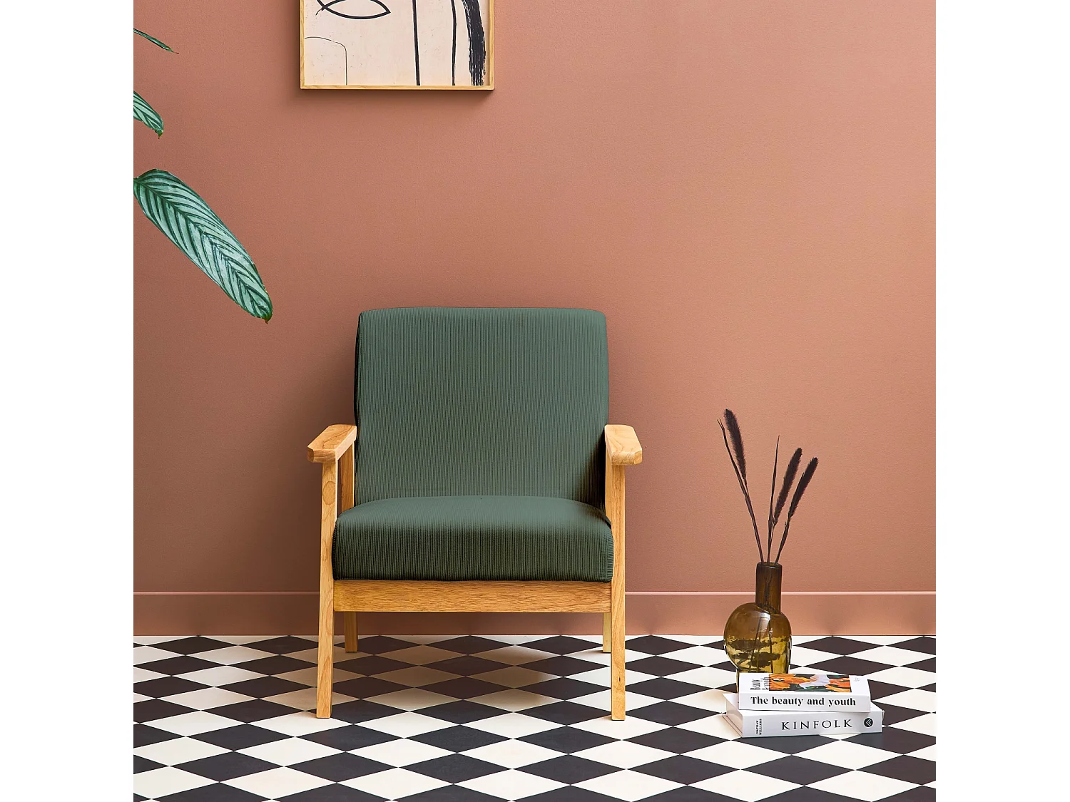 Poltrona scandinava in legno e velluto a coste, kaki