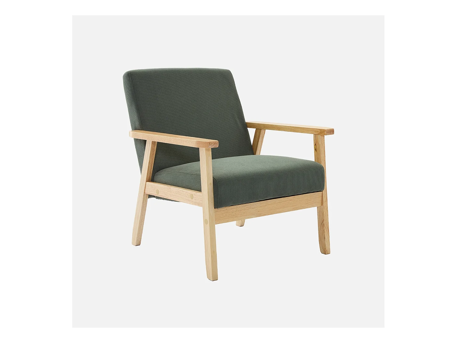Fauteuil vintage / scandinave structure en bois et contreplaqué et assise en velours côtelé vert kaki