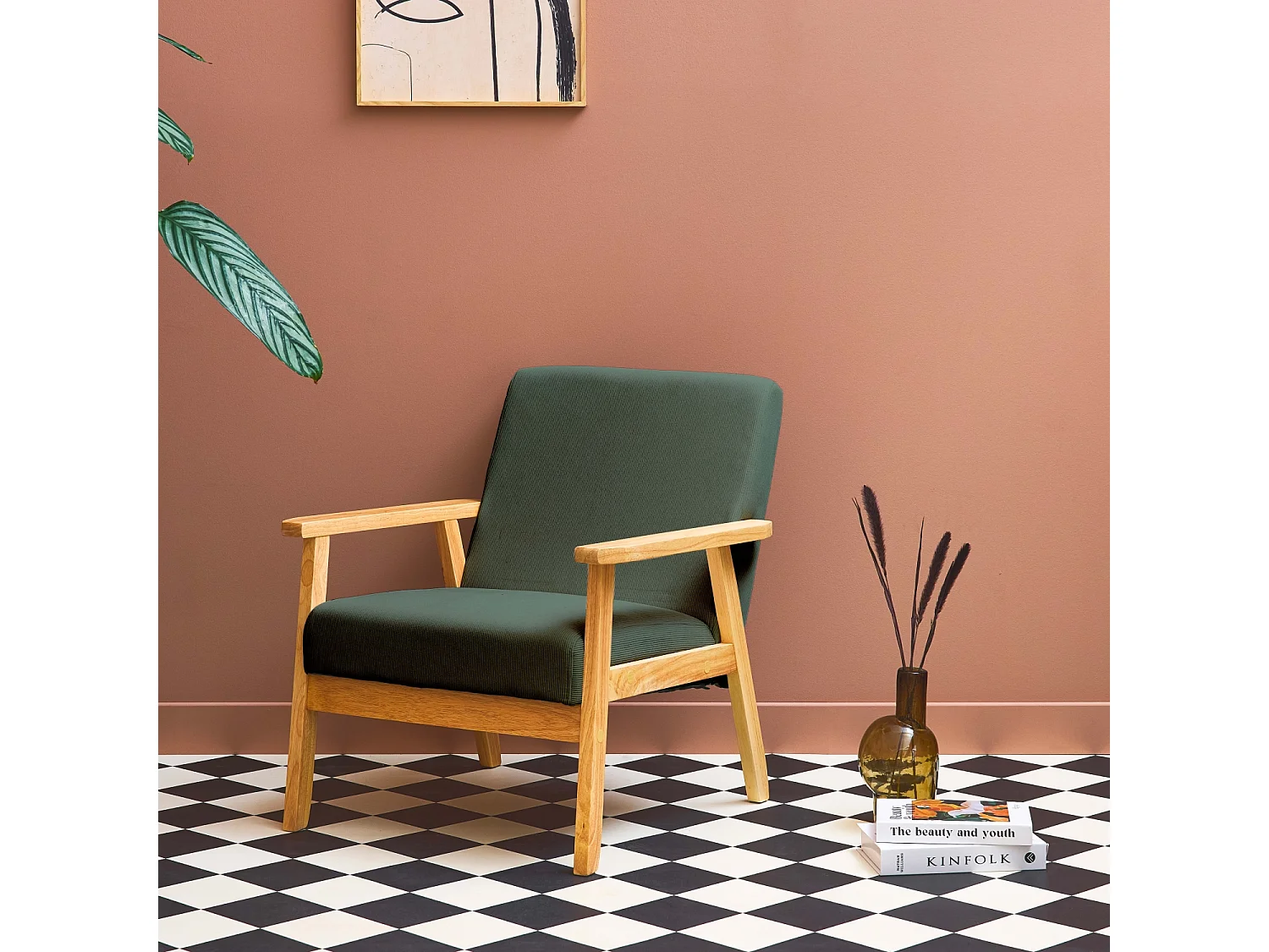 Sillón escandinavo de madera y pana kaki oscuro